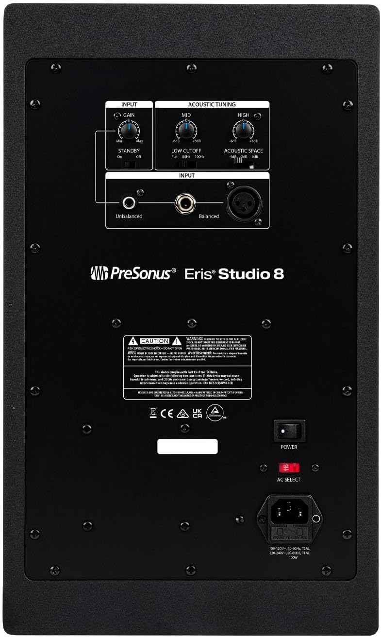 INPUT ACOUSTIC TUNING GAIN U MID HIGH C Mtin Man 648 -l 6d8 STANDBY On of LOW CUTOFF Flat B 10HZ ACOUSTIC SPACE -4 24B d18 INPUT Unbalanced Balanced PreSonus Eris Studio 8 WARNING: CAUTION! RALC ELCTCSHOCE DOMCT OEN AVG: NII - Tu The device with Part V De NCC Bules Spestion. sobontied the TA de Barrala detioa arerebos that my Las EE RENES AND aan BO AUW TENMA2 UK CA POWER AC SELECT 00-130V-50-60HZ T2AL 220-240V 50-460HZ TIAL 100W