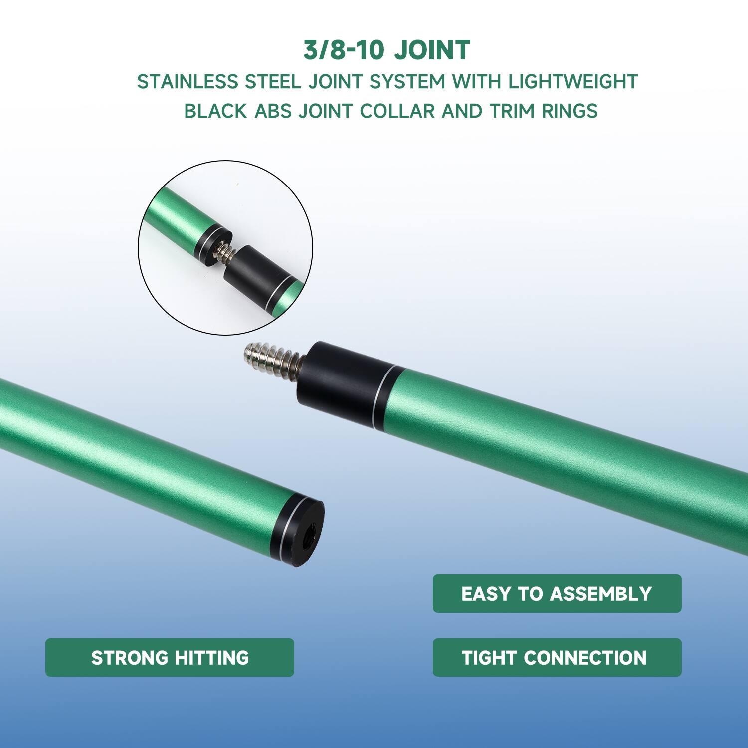 3/8-10 JOINT, STAINLESS STEEL JOINT SYSTEM WITH LIGHTWEIGHT BLACK ABS JOINT COLLAR AND TRIM RINGS, EASY TO ASSEMBLY, STRONG HITTING, TIGHT CONNECTION
