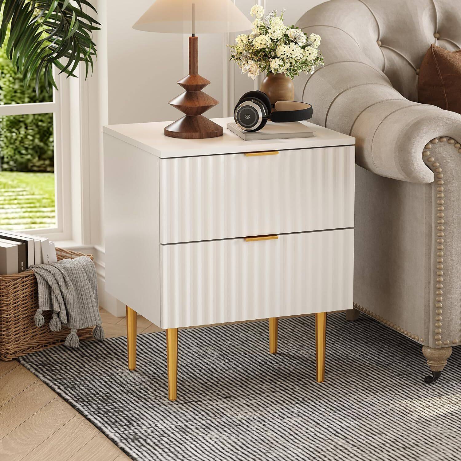 Alt View 2. GARVEE - 2pcs Modern Nightstand with 2 Drawers, Golden and Wood Fluted Night Stand with Charging Station,White - White.