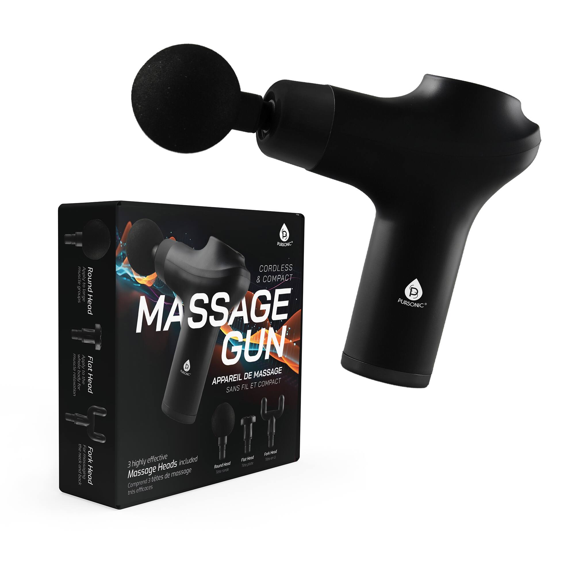 D KREONIC CORDLESS Apparely Round & COMPACT & SS lorge Head MASSAGE MA  Apgny Flot D GUN /p00900 2 1 APPAREIL DE MASSAGE  Head FIL ET COMPACT HONENS SANS PURSONIC i 2g BAN Fork A mussciing Head highly effective included 3 Heads Massage tetes de massage Comprend efficaces a no Runtveat - cm -