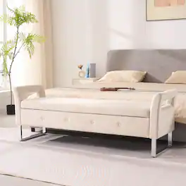 Ropilly - 68" Velvet Storage Bench with Armrests, End of Bed Bedroom Bench, Entryway Shoe Bench with Hidden Storage - Beige