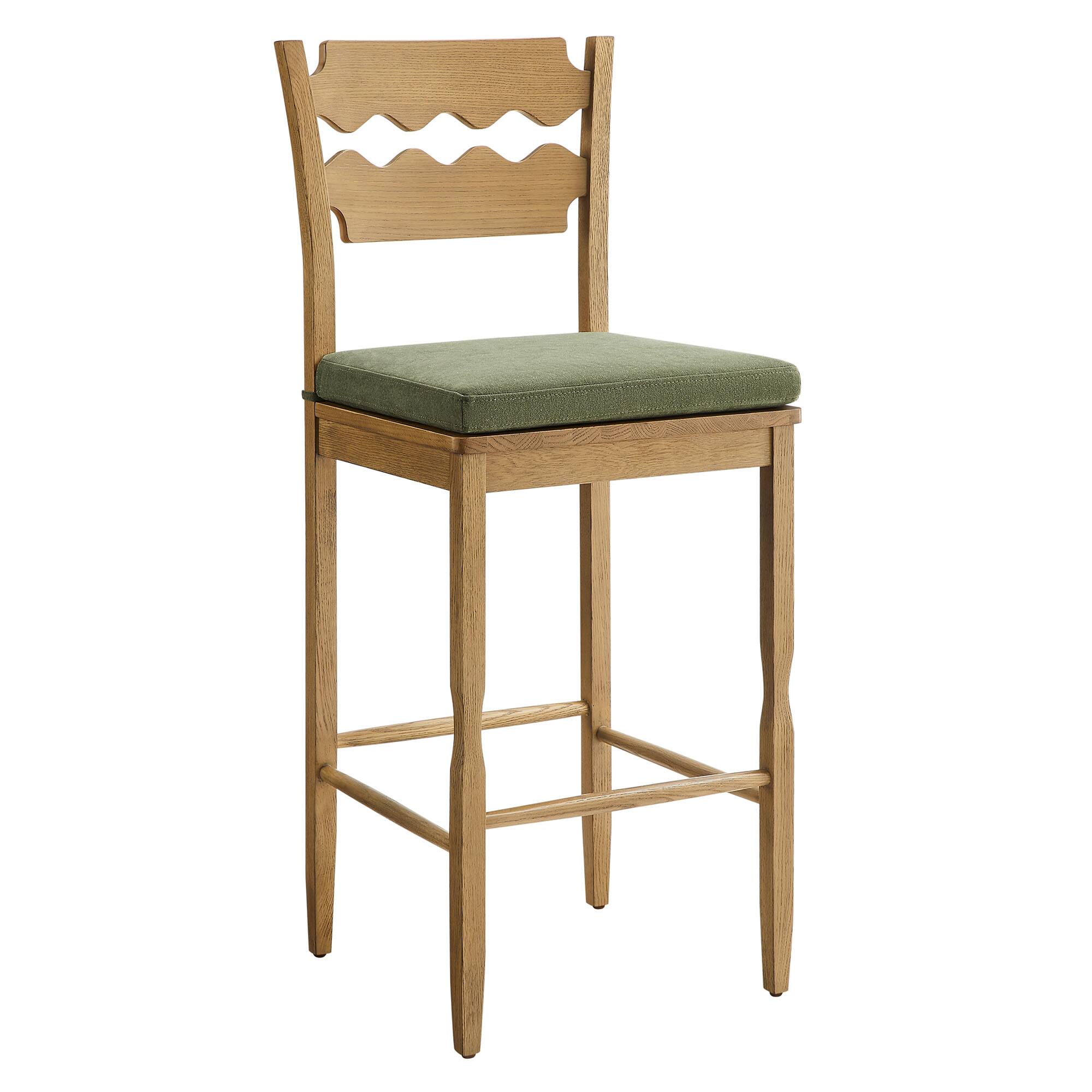 Angle. Modway - Jax Oak Wood Bar Stool With Wavy Razor Back and Cushion by Modway - Weathered Oak Sage.