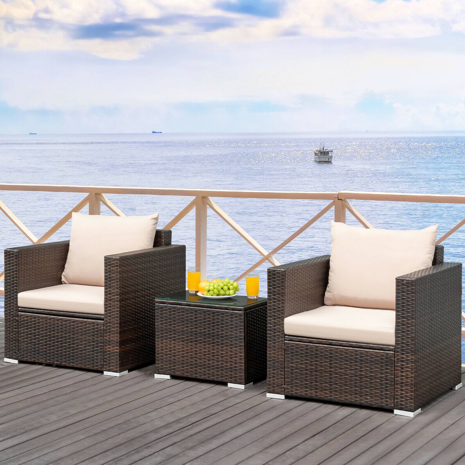 Alt View 3. Costway - 3PCS Patio Rattan Furniture Set Conversation Wicker Sofa Set w/Cushion Garden - Brown.