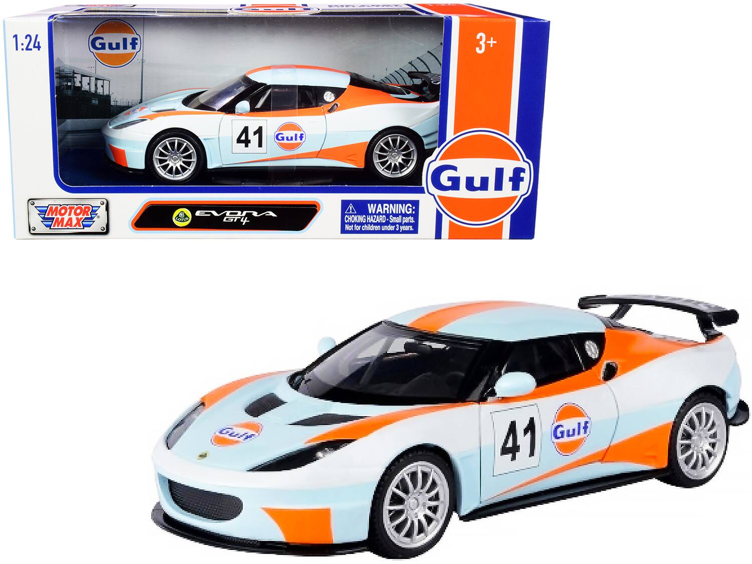 Lotus Evora GT4 #41 "Gulf Oil" Light Blue with White and Orange Stripes 1/24 Diecast Model Car by Motormax