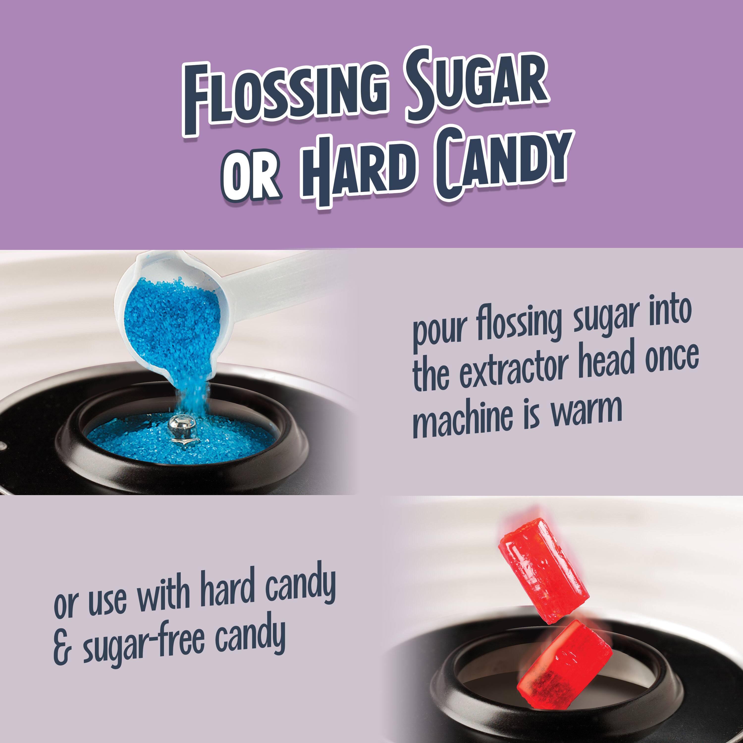 Flossing Sugar or Hard Candy

Pour flossing sugar into the extractor head once the machine is warm

Or use with hard candy & sugar-free candy