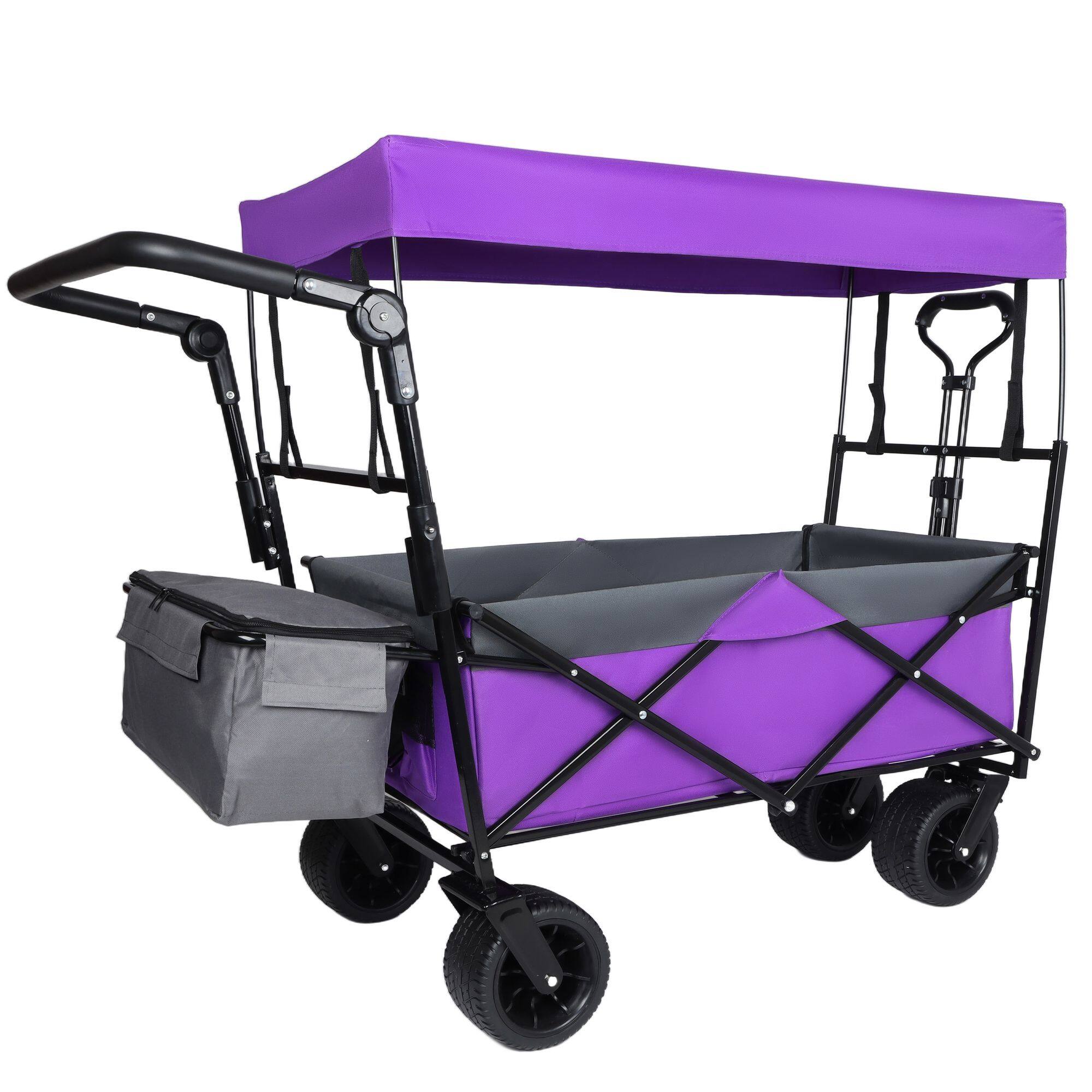 Angle. Loheer - Loheer Collapsible Wagon with Canopy Push Handle Heavy Duty Folding Cart All Terrain Wheels Purple.