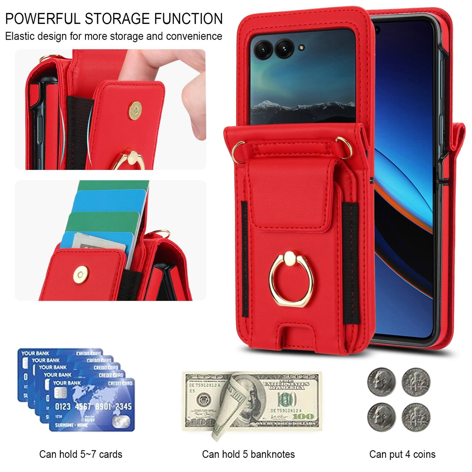 POWERFUL STORAGE FUNCTION  
Elastic design for more storage and convenience  

Can hold 5-7 cards  
Can hold 5 banknotes  
Can put 4 coins
