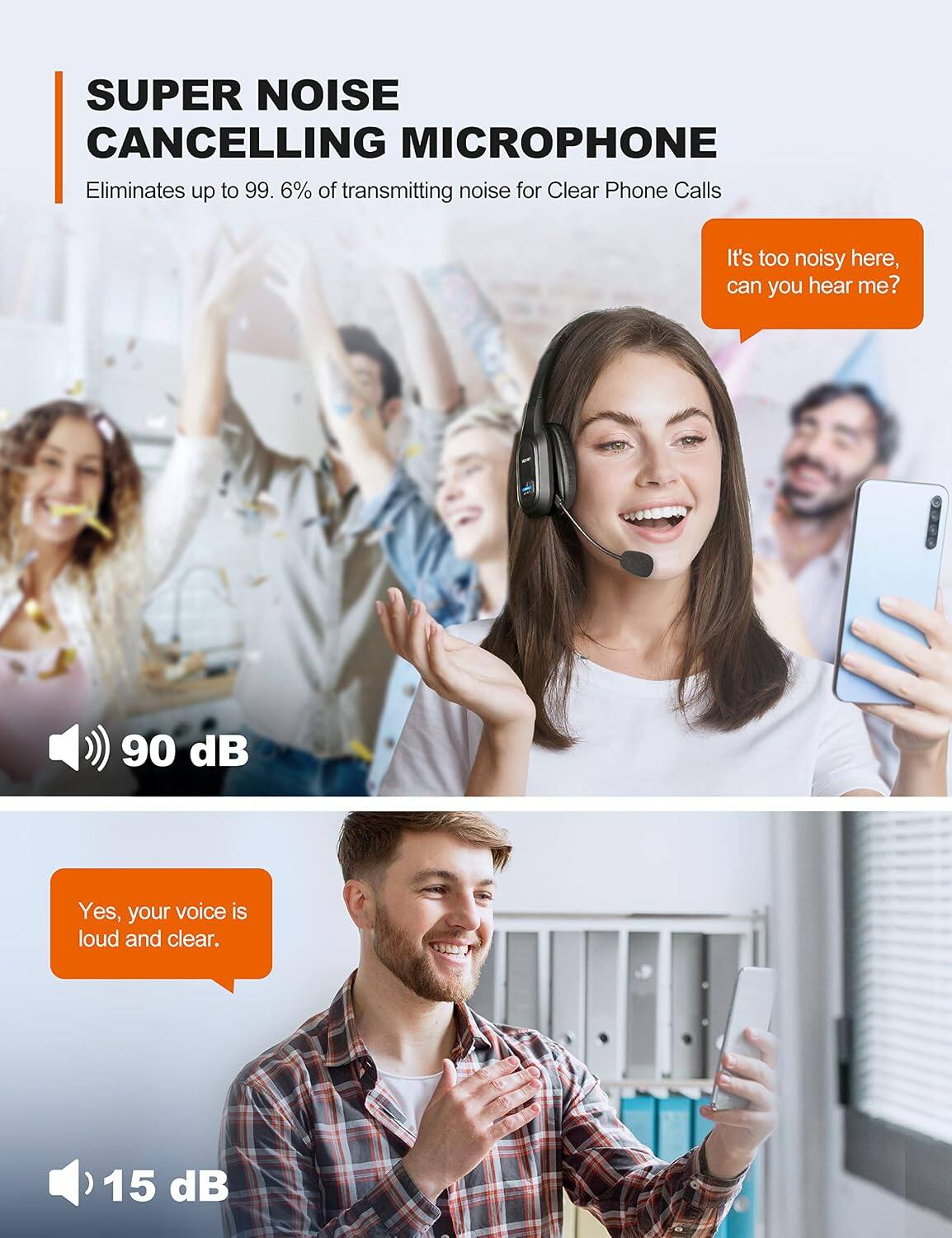 SUPER NOISE CANCELLING MICROPHONE  
Eliminates up to 99.6% of transmitting noise for Clear Phone Calls

It's too noisy here, can you hear me?  
90 dB

Yes, your voice is loud and clear.  
15 dB