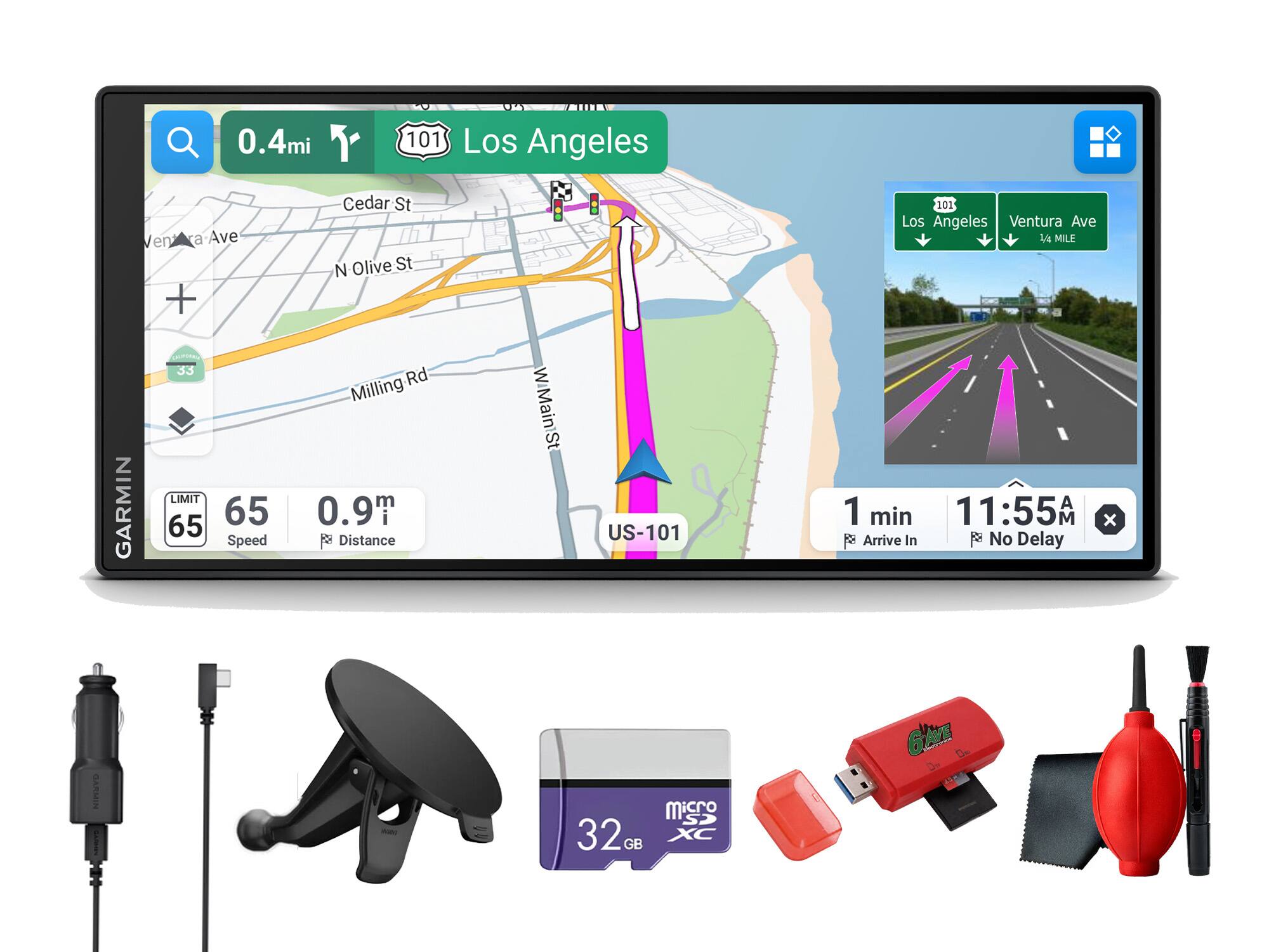0.4mi  
101 Los Angeles  
Ventura Ave +  
Cedar St Olive St N  
101 Los Angeles Ventura Ave 1/2 MILE  
GARMIN  
LIMIT 65 65 Speed  
0.9T Distance  
Rd Milling  
WMainSt  
US-101  
1 min Arrive In  
11:55 M No Delay  
GARMIN  
Misero  
32 GB  
micro XC  
6AVE De