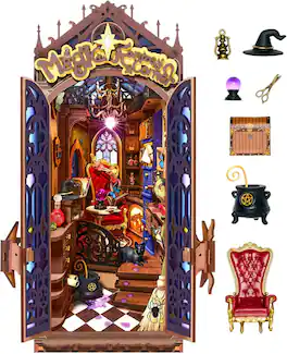 Robotime - Rolife Book Nook Kit Magic Fantasy Corner DIY Miniature House Kit, 10" Wizard Witch Room Booknook Bookshelf Insert - Brown