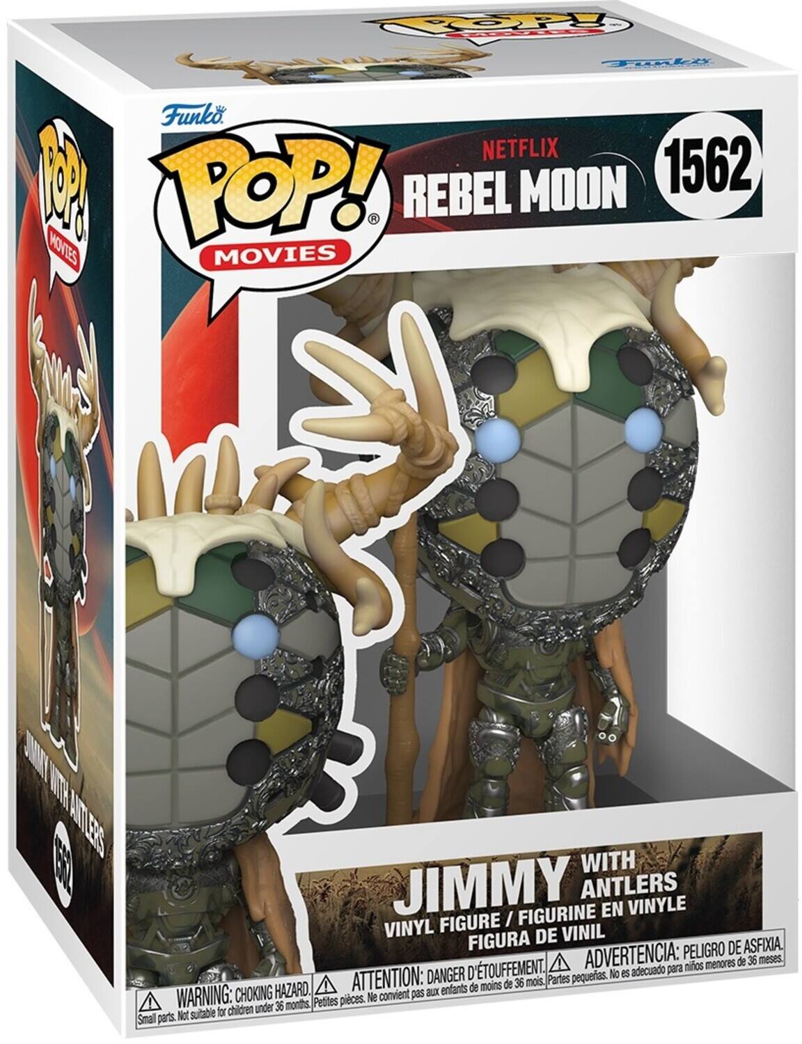 POP! Funko. NETFLIX A POP! REBEL MOON 1562 MOVIES MOVIES WITH JIMMY ANTLERS FIGURINE EN VINYLE FIGURE / VINYL DE VINIL FIGURA PELIGRO DE ASFIXIA. D'TOUFFEMENT. ADVERTENCIA: para nios menores de 36 meses. DANGER pequeras. No es adecuado HAZARD. ATTENTION: aux enfants de moins de 36 mois, Partes WARNING: CHOKING Pettes pieces. Ne convient pas children under 36 months Not suitable for Smal parts.