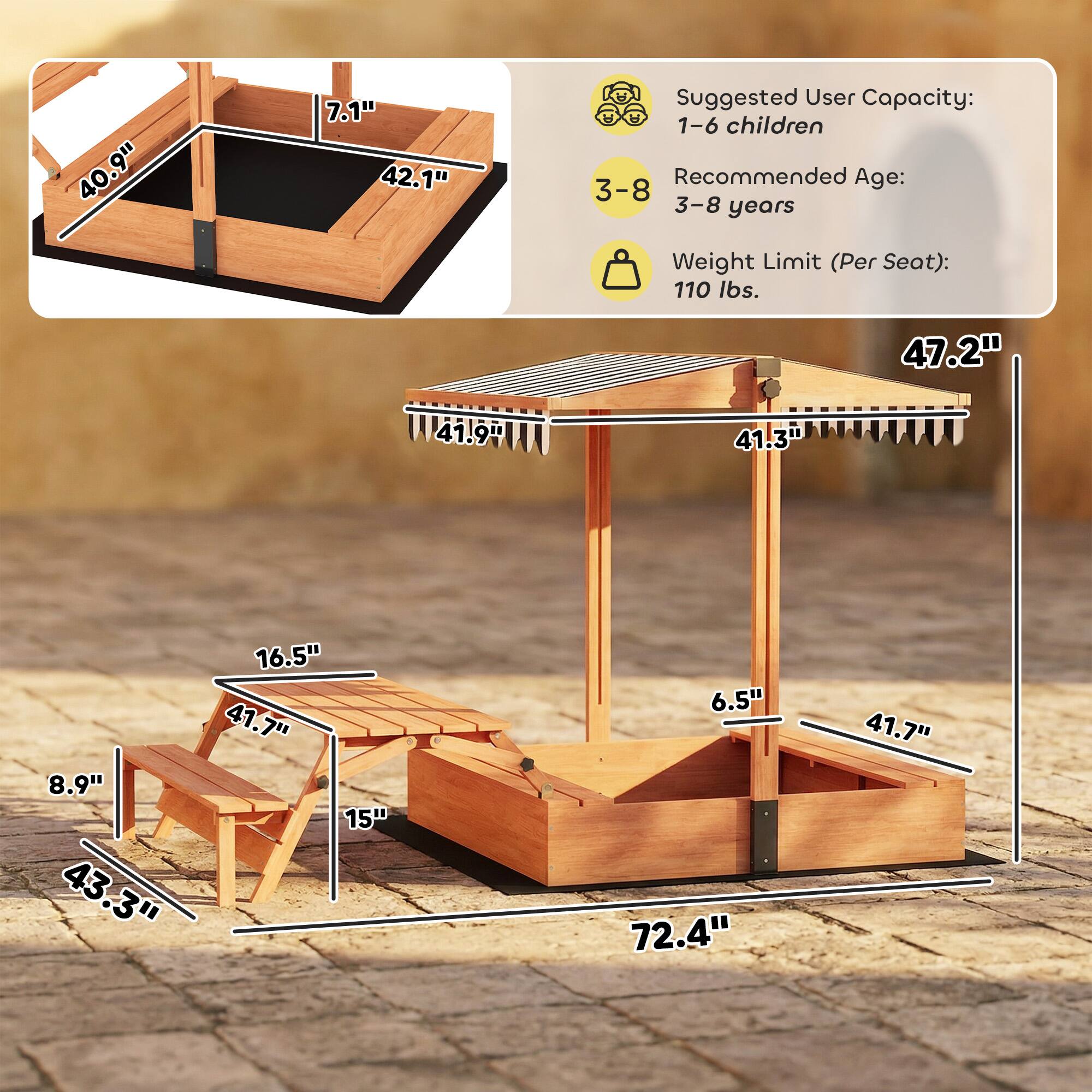 40.9" 7.1" 42.1"  
Suggested User Capacity: 1-6 children  
Recommended Age: 3-8 years  
Weight Limit (Per Seat): 110 lbs.  
47.2" 41.3" 8.9" 43.3" 16.5" 41.7" 15" 6.5" 72.4" 41.7"