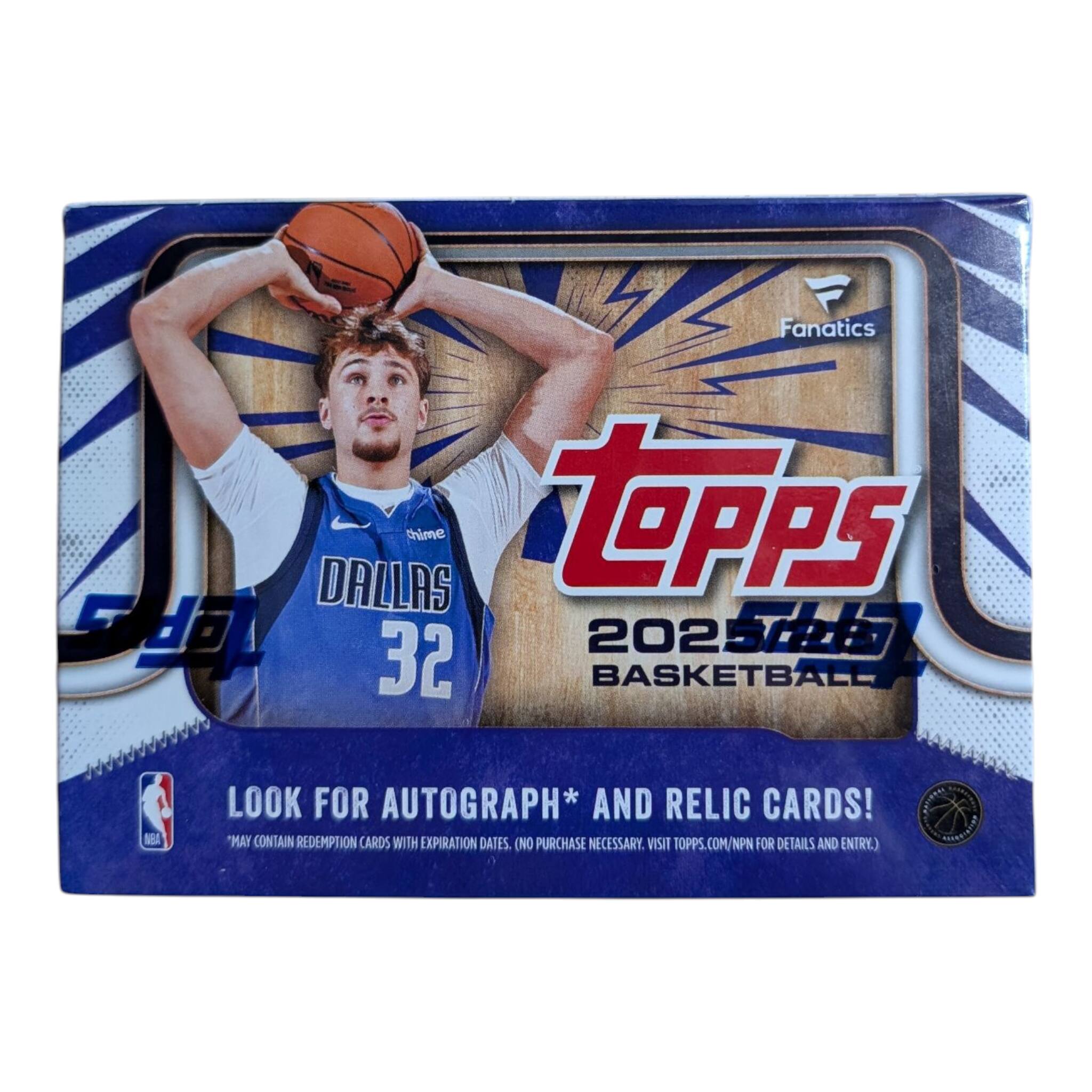 Fanatics  
DALLAS  
32  
2022-23  
BASKETBALL  

LOOK FOR AUTOGRAPH* AND RELIC CARDS!  
MAY CONTAIN REDEMPTION CARDS WITH EXPIRATION DATES. (NO PURCHASE NECESSARY. VISIT TOPPS.COM/NPN FOR DETAILS AND ENTRY.)  

*May contain redemption cards with expiration dates. No purchase necessary. Visit topps.com/npn for details and entry.