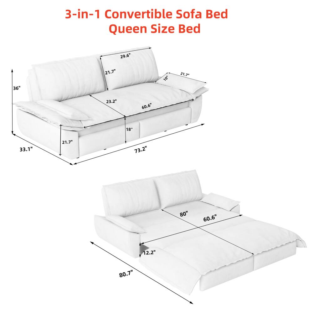 3-in-1 Convertible Sofa Bed Queen Size Bed

29.6" 36" 21.7" 23.2" 60.6" 18" 33.1" 21.7" 73.2" 80" 60.6" 12.2" 80.7"