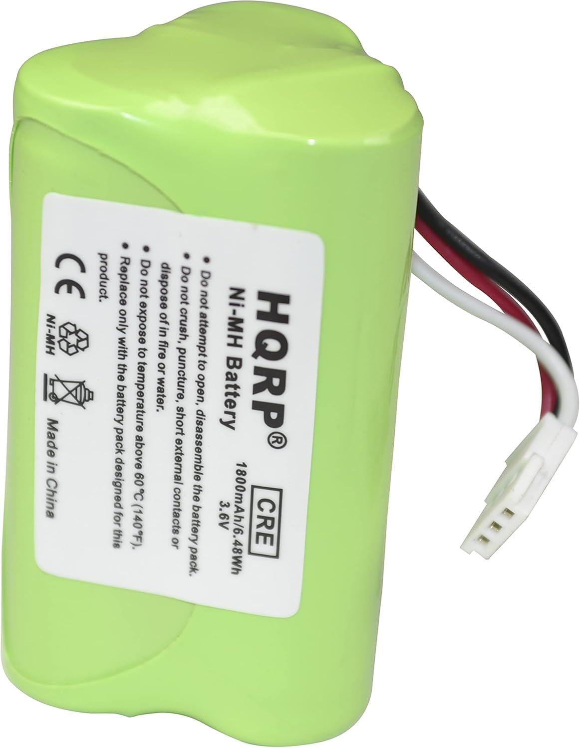 CE Ni-MH Made in China product. Do not expose the battery pack to temperatures above 60°C (140°F). Do not dispose of, crush, puncture, open, disassemble, or short the battery or pack. Ni-MH Battery HQRP 3.6V 1800mAh/6.48Wh CRE