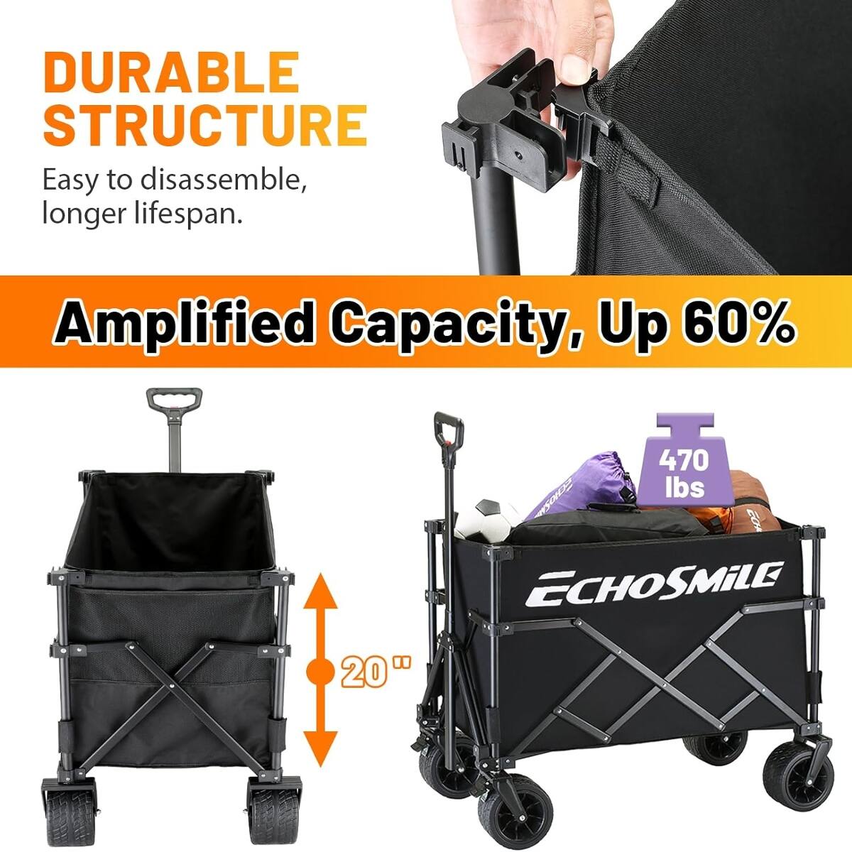 DURABLE STRUCTURE  
Easy to disassemble, longer lifespan.  

Amplified Capacity, Up 60%  

470 lbs  

ECHOSMiLE  

20"