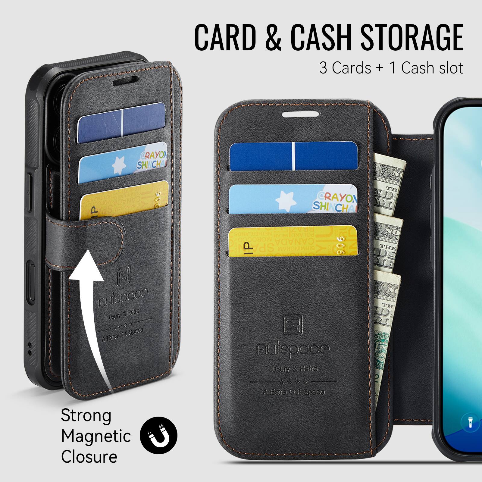 CARD & CASH STORAGE  
3 Cards + 1 Cash slot  

RAYO SHINCH  
Hea 906  

Auispace  
Luxury & Retro  
A Extra Out Space  

Strong Magnetic Closure  

BRAZIL  
NETHERLANDS  
ONVIOU  
MOROCE  
CANADA  
IP  
SP  
RMINGHAN  

nutspace  
Fexuay & Rotlo c. no C 2  

Auispace  
Luxury & Retro  
A Extra Out Space
