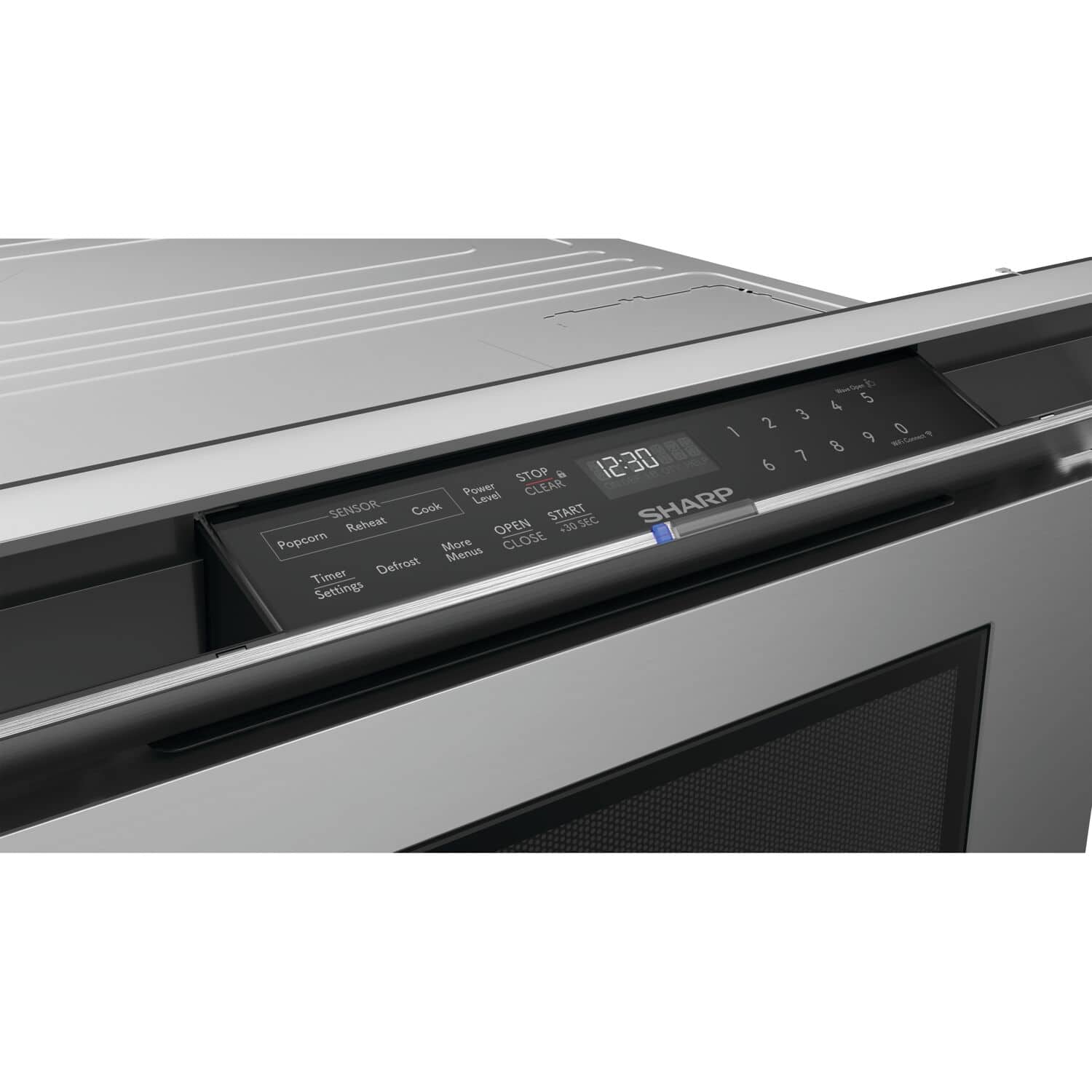 The text on the image reads: "RenTin b 4 5 12345 2 3 I 9 0 67890 8 Plodda 12:30 e S IC 6 STOP Power Level CLEAR SENSOR Reheat Cook OPEN START SEC SHARP -30 Popcorn More CLOSE Menus Timer Defrost Settings."