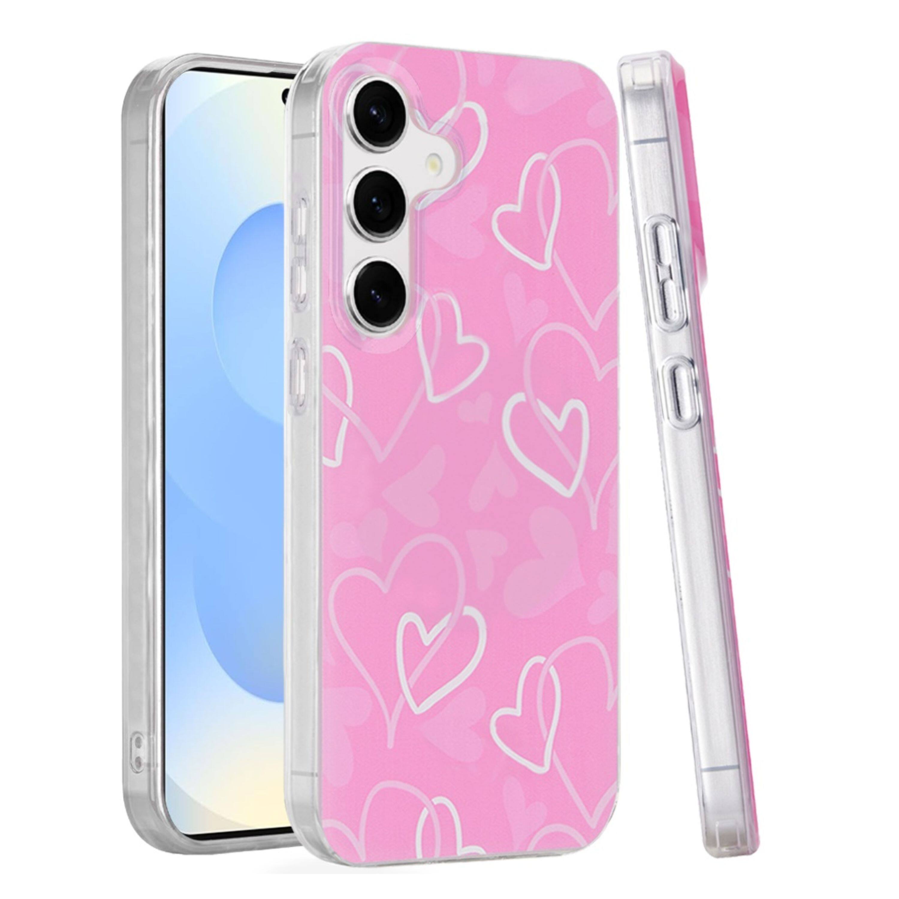 Angle. Kitcheniva - Layer In Mold Design TPU Case With Tempered Glass For Samsung S25/S24 Hearts - Pink.