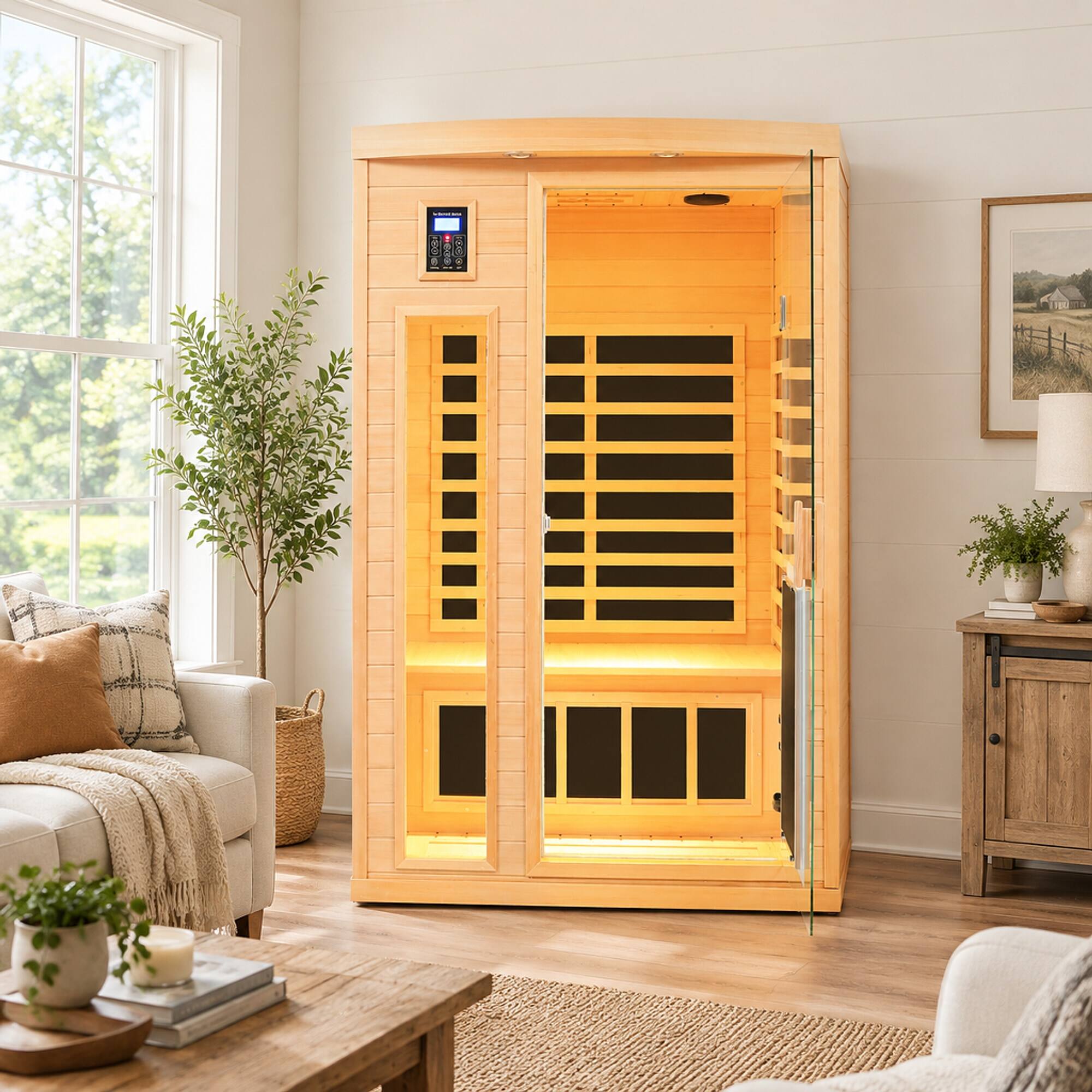 Alt View 1. RYHNUYNE - Two Person Far Infrared Sauna, Hemlock Wood, Low EMF, 8 Heating Panels, 1750W, Bluetooth Audio, Indoor Use - Natural Wood.