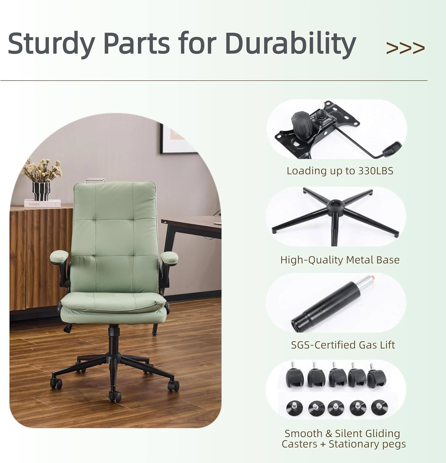 Sturdy Parts for Durability >>> Loading up to 330LBS THE High-Quality Metal Base SGS-Certified Gas Lift Smooth & Silent Gliding Casters + Stationary pegs