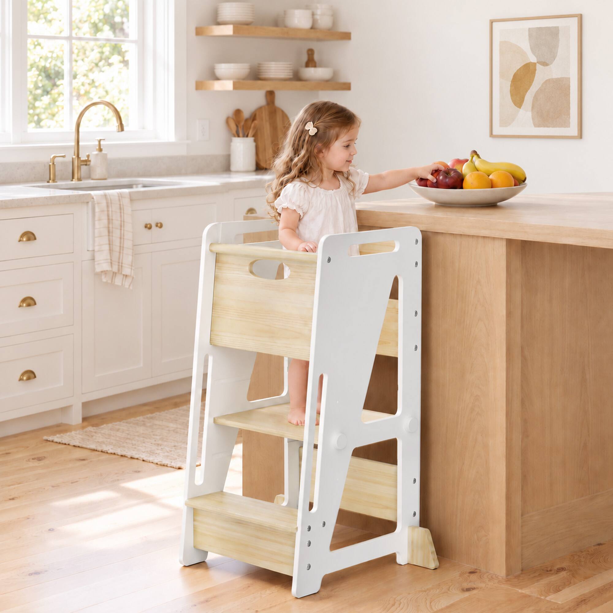 Front. Teendow - Toddler Standing Tower, Adjustable 3‑Height Kitchen Helper Stool with Removable Anti‑Drop Safety Board, Anti‑Slip Pads, - yellow.