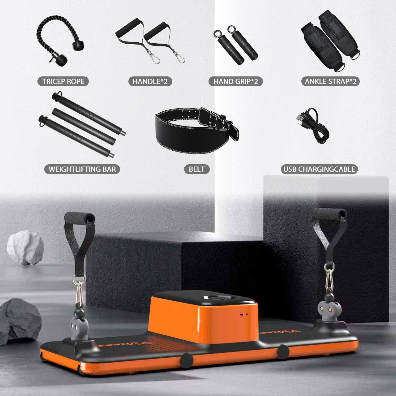 - TRICEP ROPE
- HANDLE*2
- HAND GRIP*2
- ANKLE STRAP*2
- WEIGHTLIFTING BAR
- BELT
- USB CHARGING CABLE