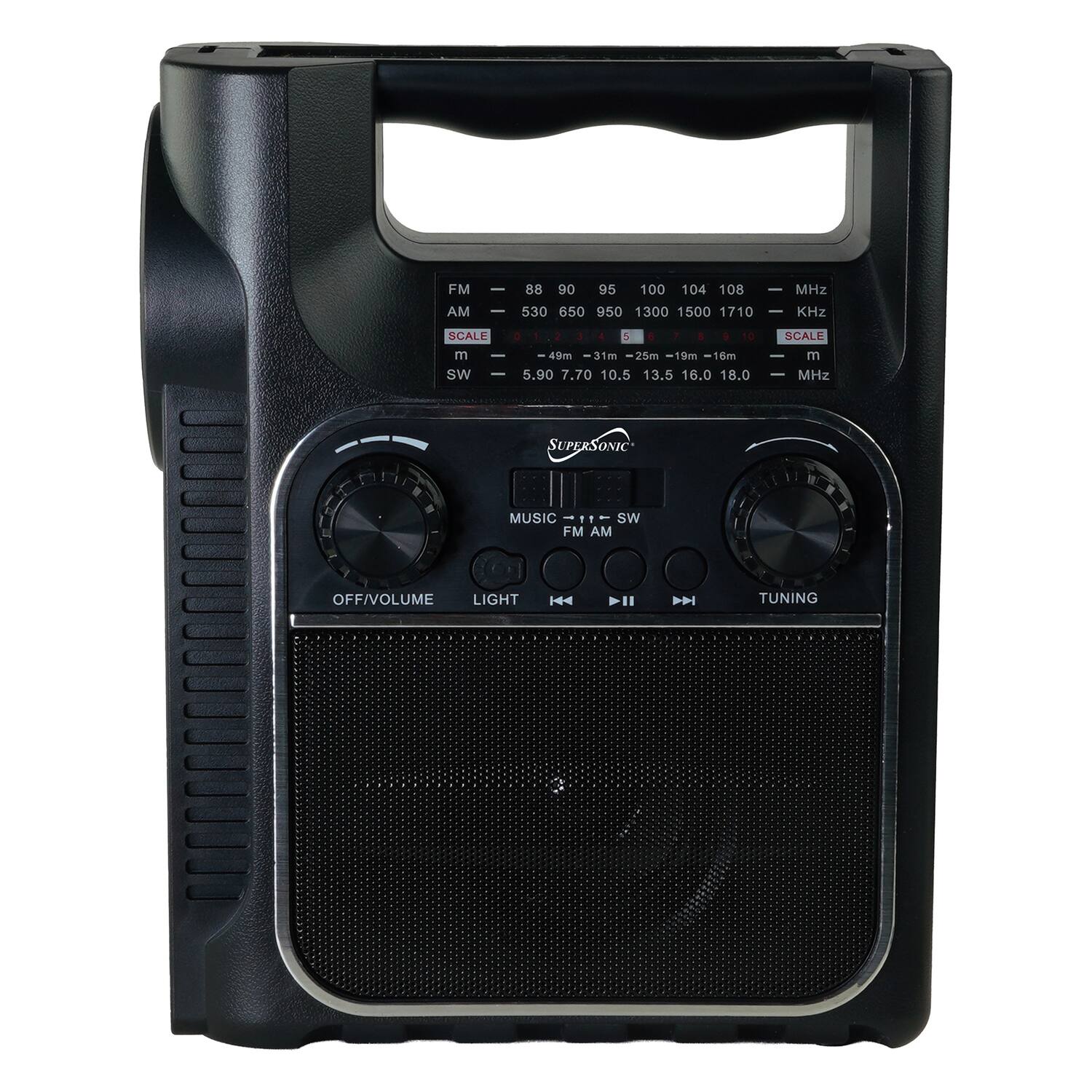FM AM  
88 90 95 100 104 108 MHz  
530 650 950 1300 1500 1710 kHz  
SCALE m  
SW  
0 a i 5 4 5 6 1 1 16  
49m 31m 25m 19m 16m  
5.90 7.70 10.5 13.5 16.0 18.0 MHz  
SUPERSONIC MUSIC  
SW FM AM OFF/VOLUME LIGHT  
H4 " 14  
TUNING

FM — 88  
AM — 530  
SCALE  
m — 5.9  
SW  
C — SW  
FM AM  

MHZ  
90 95 100 104 108  
KHz  
650 950 1300 1500 1710  
m  
49m 31m 25m 19m 16m  
MHz  
7.