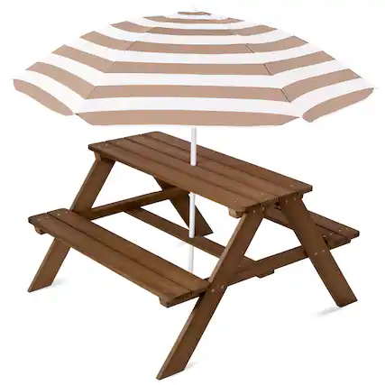 Front. Best Choice Products - Best Choice Products Outdoor Wooden Kids Picnic Table with Umbrella, Activity Table, 220 lb Capacity - Walnut/Beige - Walnut/Beige.
