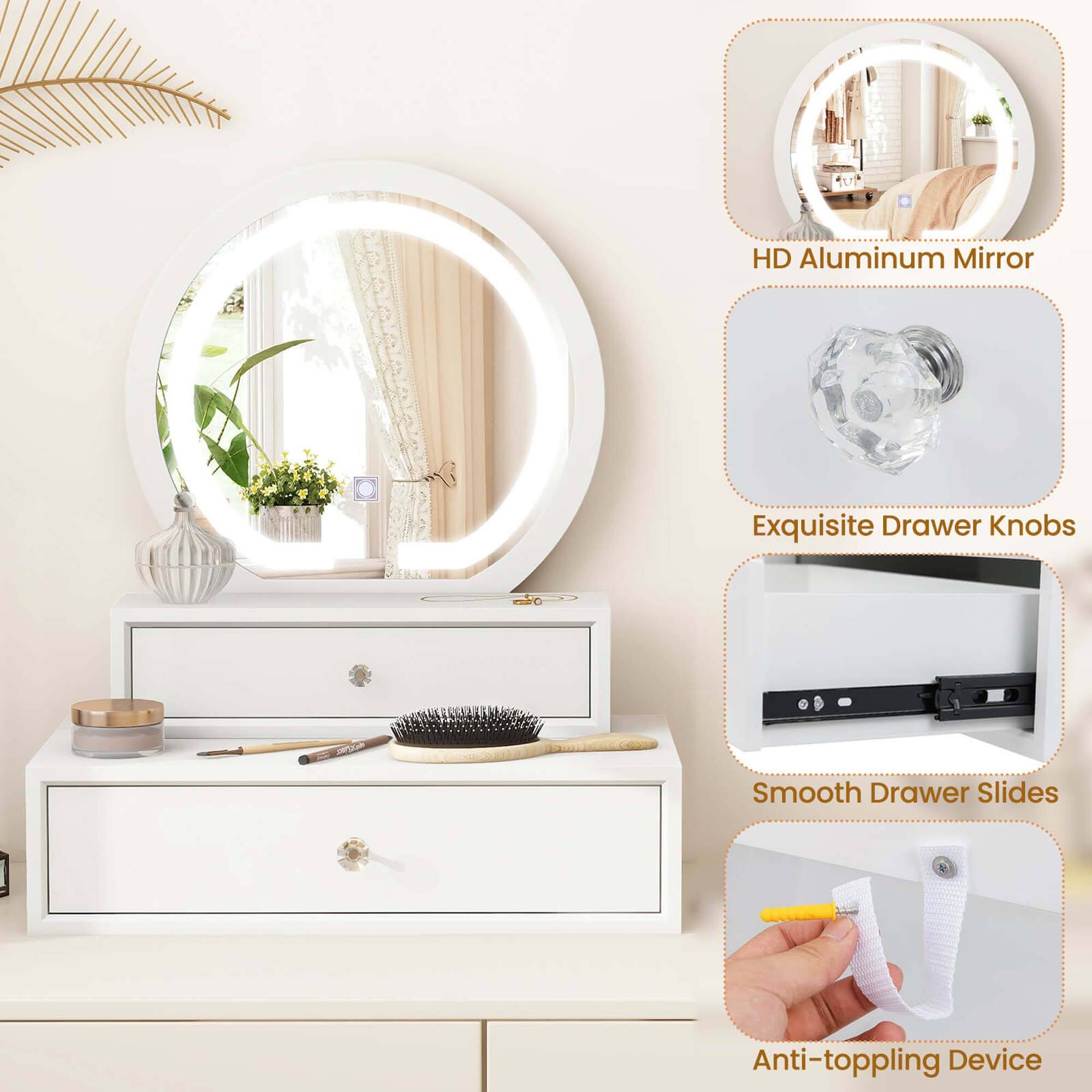 - HD Aluminum Mirror
- Exquisite Drawer Knobs
- Smooth Drawer Slides
- Anti-toppling Device