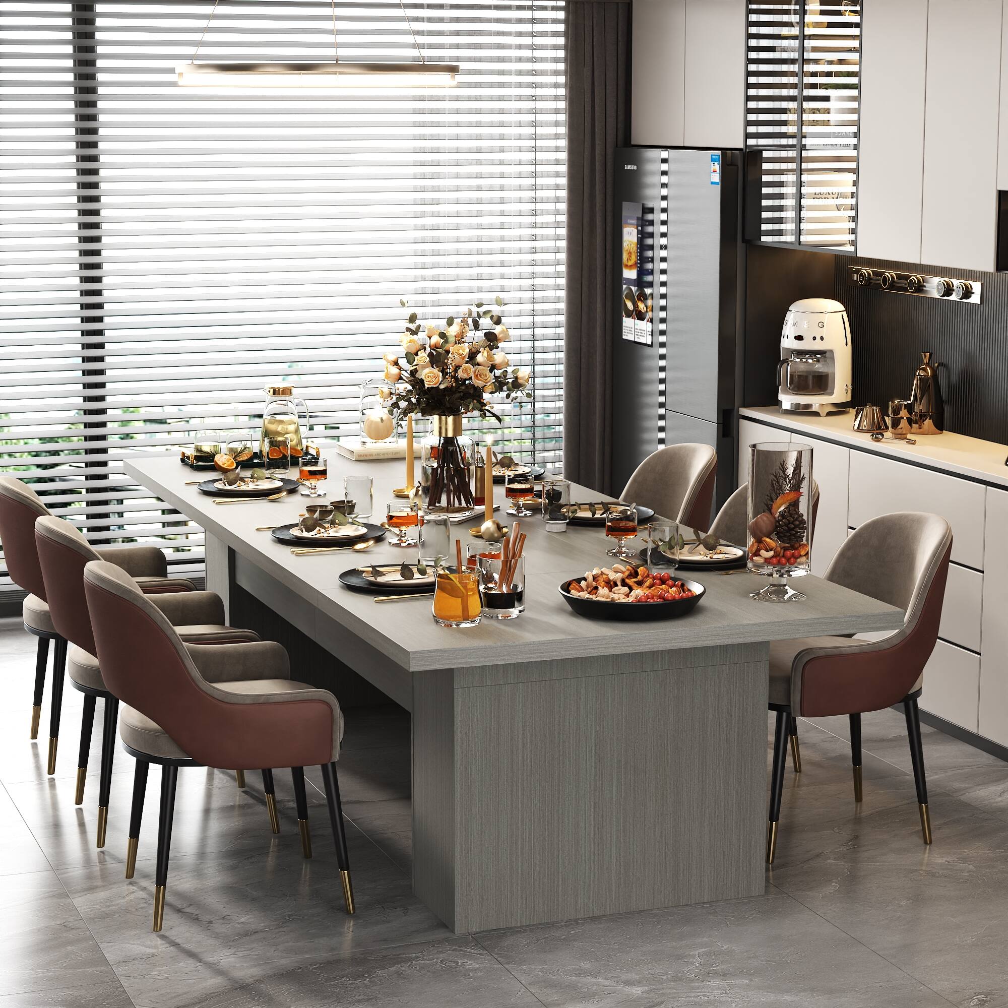 Left. FUFU & GAGA - Extra Large Dining Table for Extended Family, Modern Rectangular Table with Sturdy Top Ideal for Family Gatherings - Light Gray.