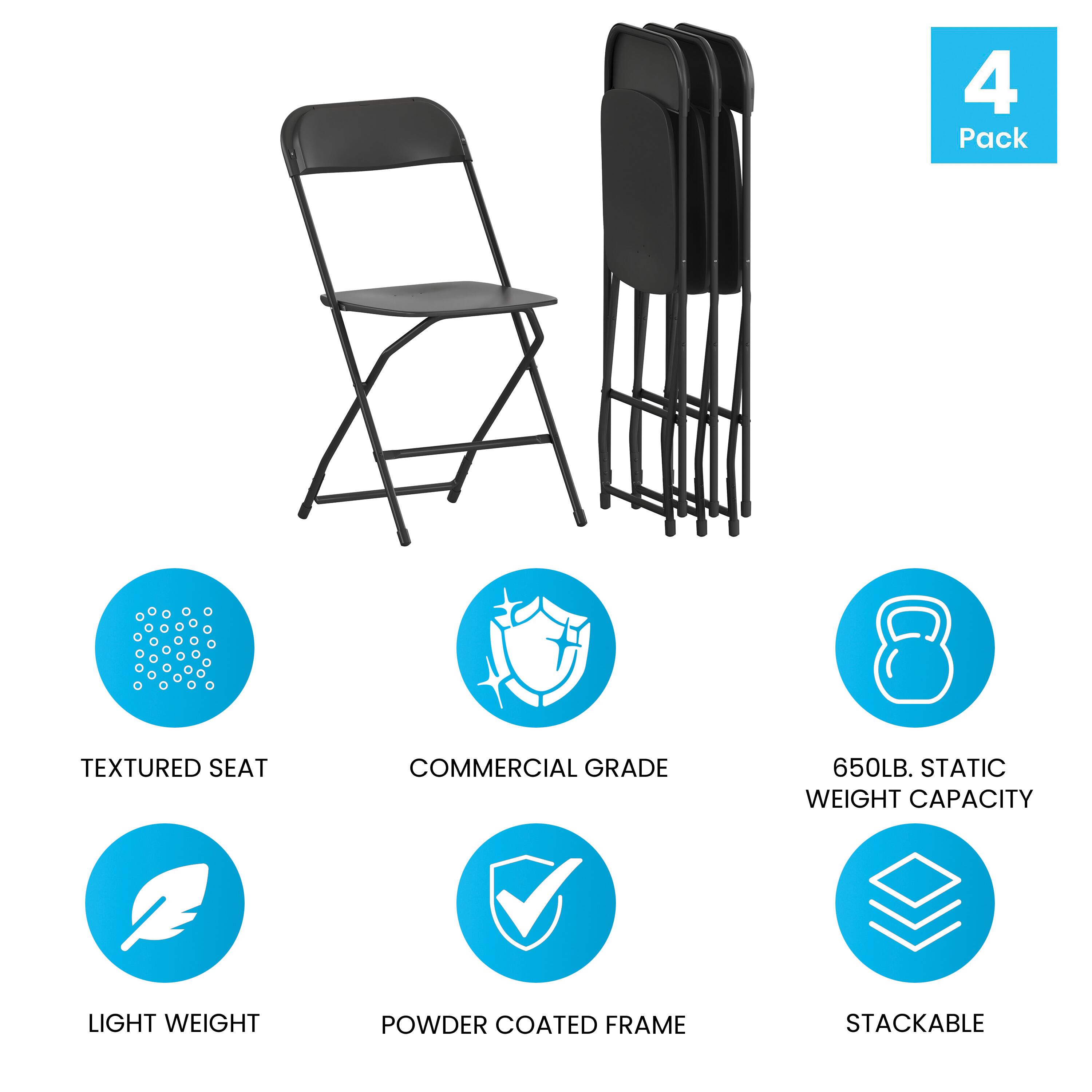 4 Pack  
TEXTURED SEAT  
COMMERCIAL GRADE  
650LB. STATIC WEIGHT CAPACITY  
LIGHT WEIGHT  
POWDER COATED FRAME  
STACKABLE