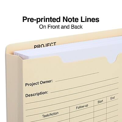 Pre-printed Note Lines  
On Front and Back  

PROJECT  

Project Owner:  

Description:  

| Task/Action | Follow-up | Start | End |