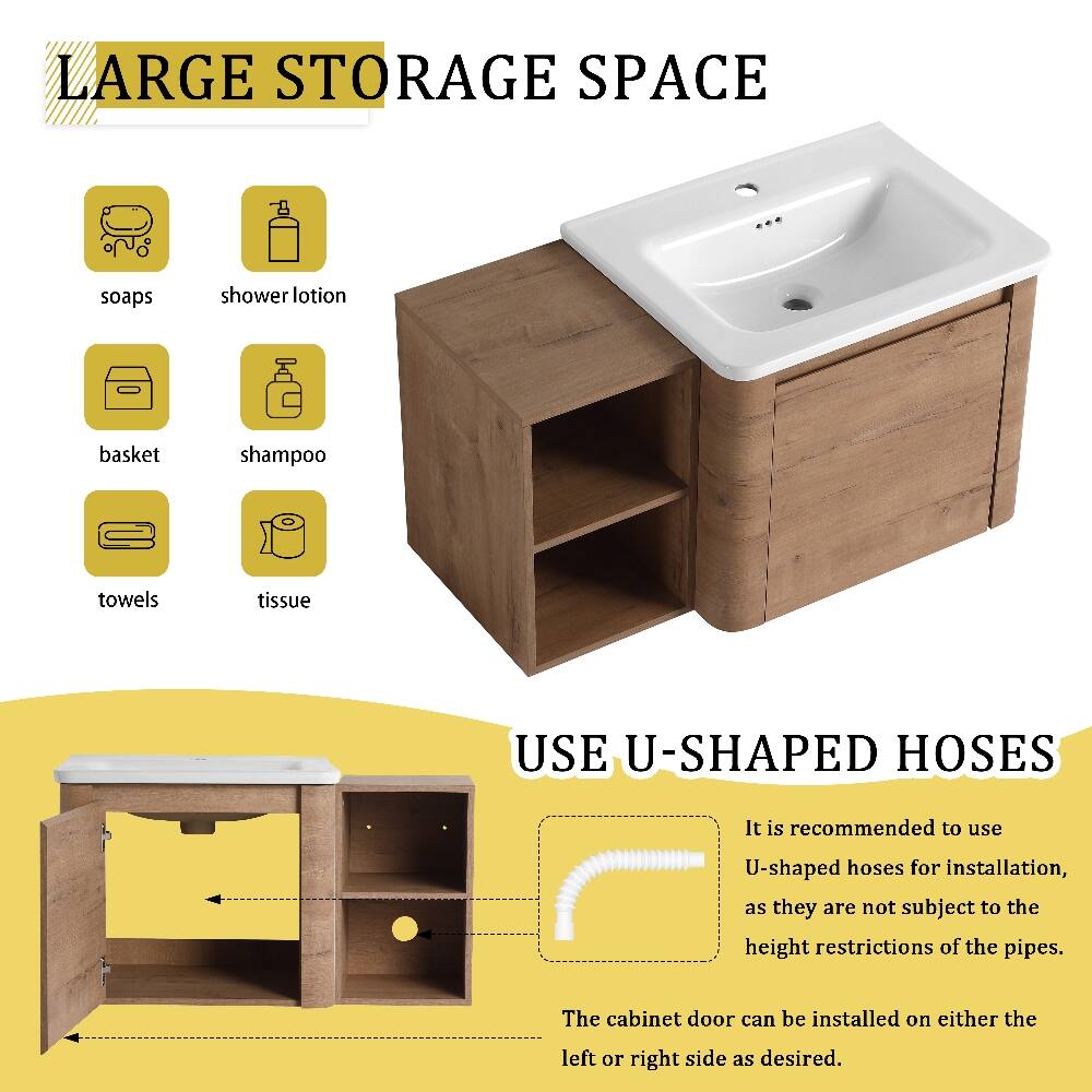 LARGE STORAGE SPACE

- soaps
- shower lotion
- basket
- shampoo
- towels
- tissue

USE U-SHAPED HOSES

It is recommended to use U-shaped hoses for installation, as they are not subject to the height restrictions of the pipes.

The cabinet door can be installed on either the left or right side as desired.