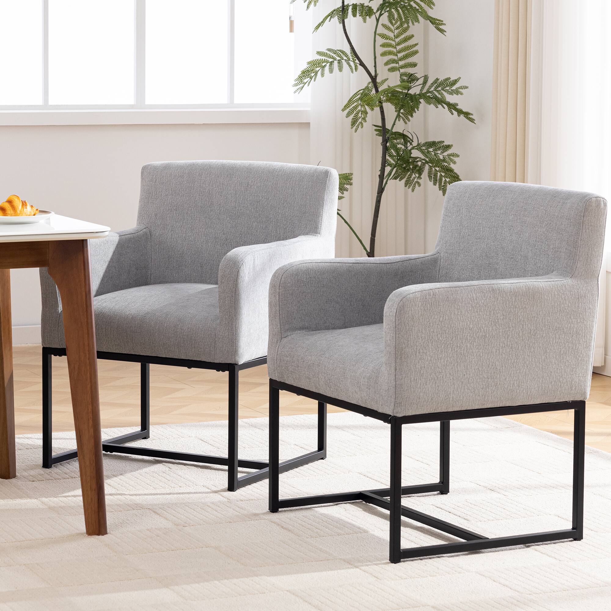 Alt View 2. KERDOM - Linen Padded Dining Chairs with Arms Set of 2, Restaurant Armchairs, Reading Accent Chair, Upholstered Kitchen Chair - Light Grey.