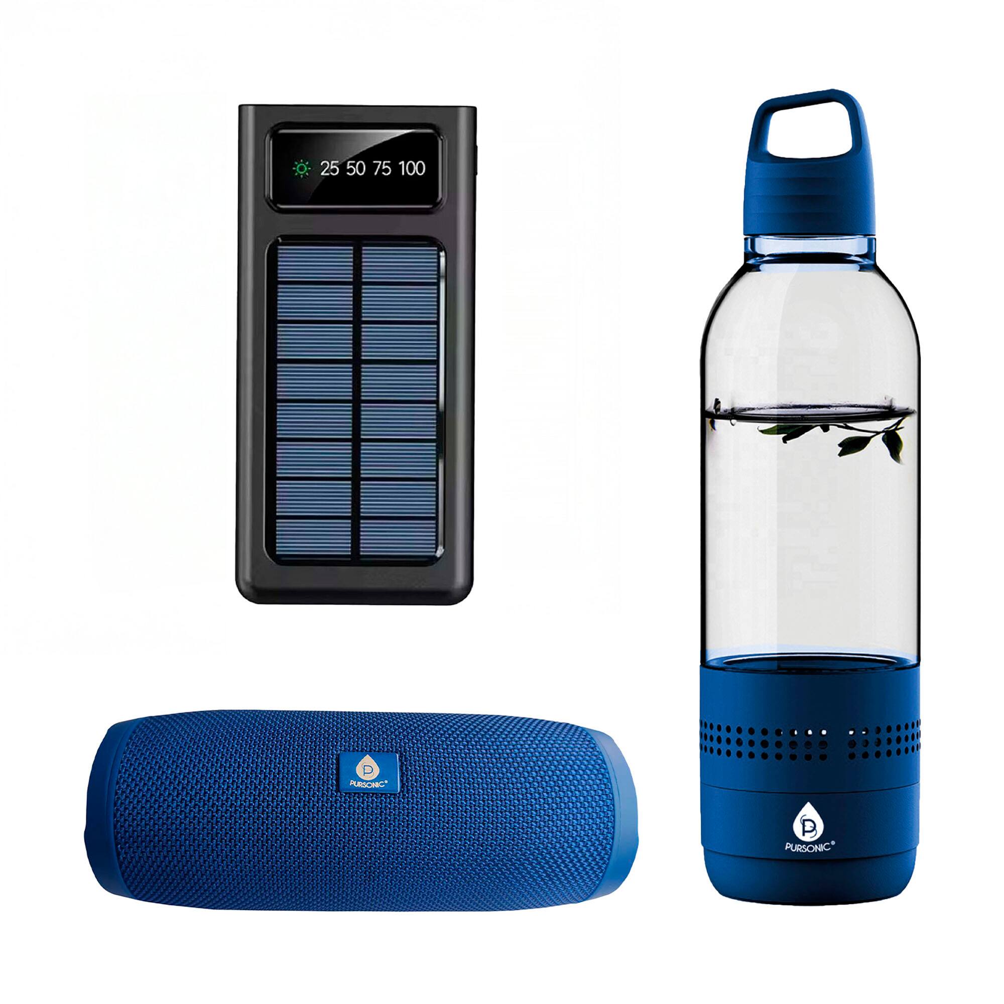 Pursonic - Outdoor Essentials Bundle – 2-in-1 Bluetooth Water Bottle, Peak Wireless Speaker, and LED Portable Solarsync Power Bank - Multicolor