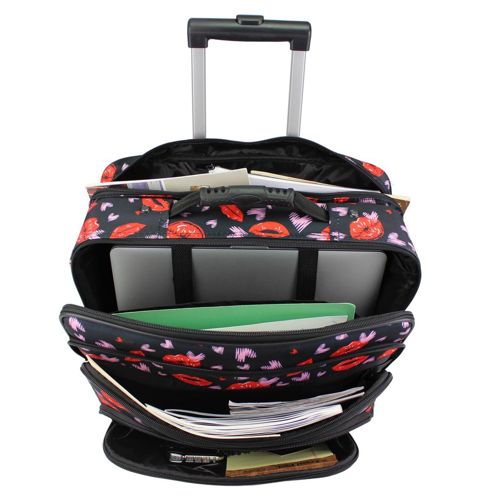 Left. World Traveler - 17-Inch Rolling Computer Case with Telescopic Handle and In-Line Skate Wheels – Heavy-Duty 600D Polyester - Lips and Hearts.