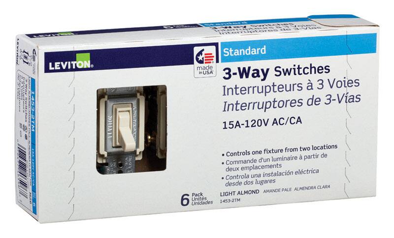 LEVITON  
Standard  
3-Way Switches  
Interrupteurs à 3 Voies  
Interruptores de 3-Vias  
15A-120V AC/CA  

Controls one fixture from two locations  
Commande d'un luminaire à partir de deux emplacements  
Controla una instalación eléctrica desde dos lugares  

LIGHT ALMOND  
AMANDE PALE  
ALMENDRA CLARA  

Pack  
6 Unidades  
1453-2TM  

Made in USA