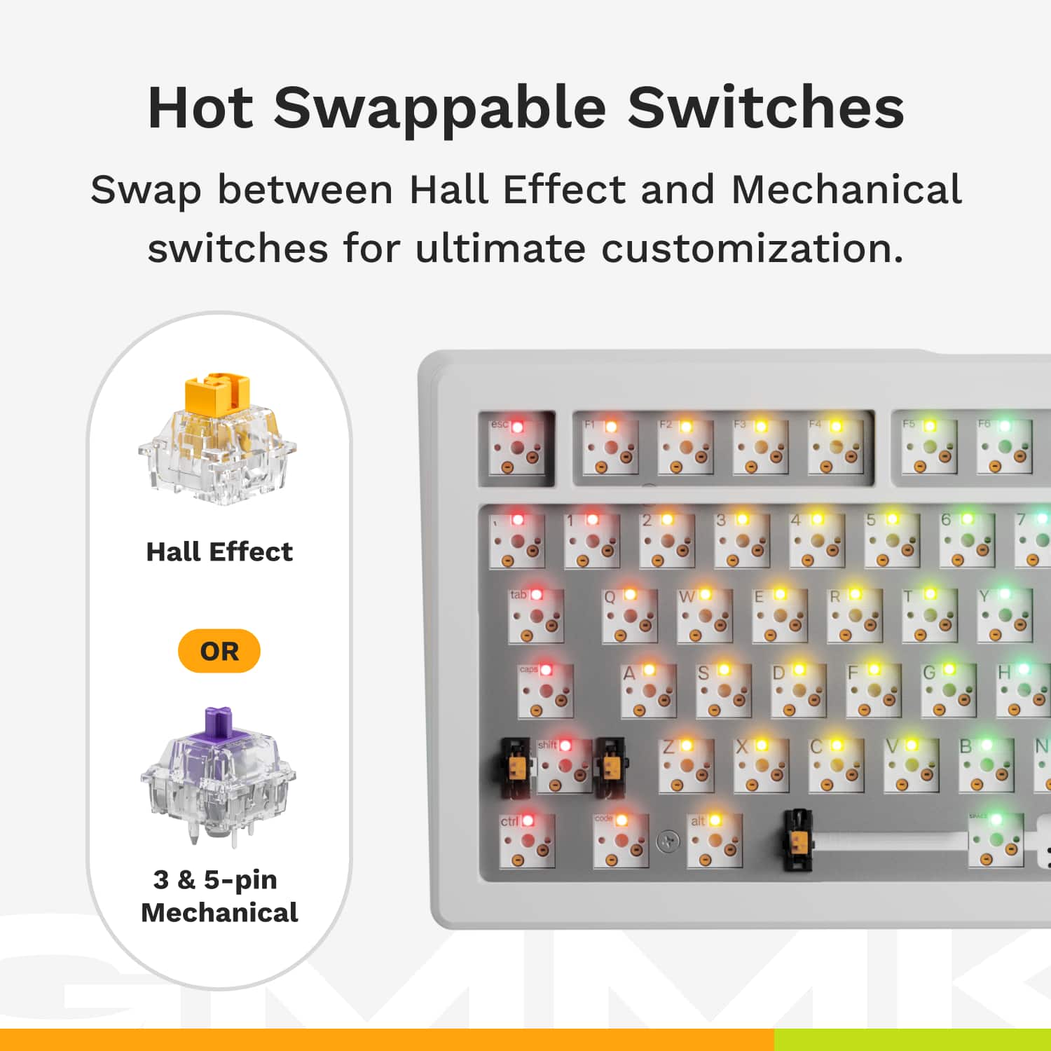 Hot Swappable Switches: Swap between Hall Effect and Mechanical switches for ultimate customization. Hall Effect: 2 4 5 6 7 tab W E R T Y OR nao A S D F G H . shft X B N I ctf POrE at 3 & 5-pin Mechanical.