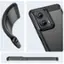 This image features a cell phone with a case on it. The case is black and has a silver trim. The cell phone is shown in three different angles, including a close-up view of the camera. The case is designed to protect the phone and enhance its appearance.
