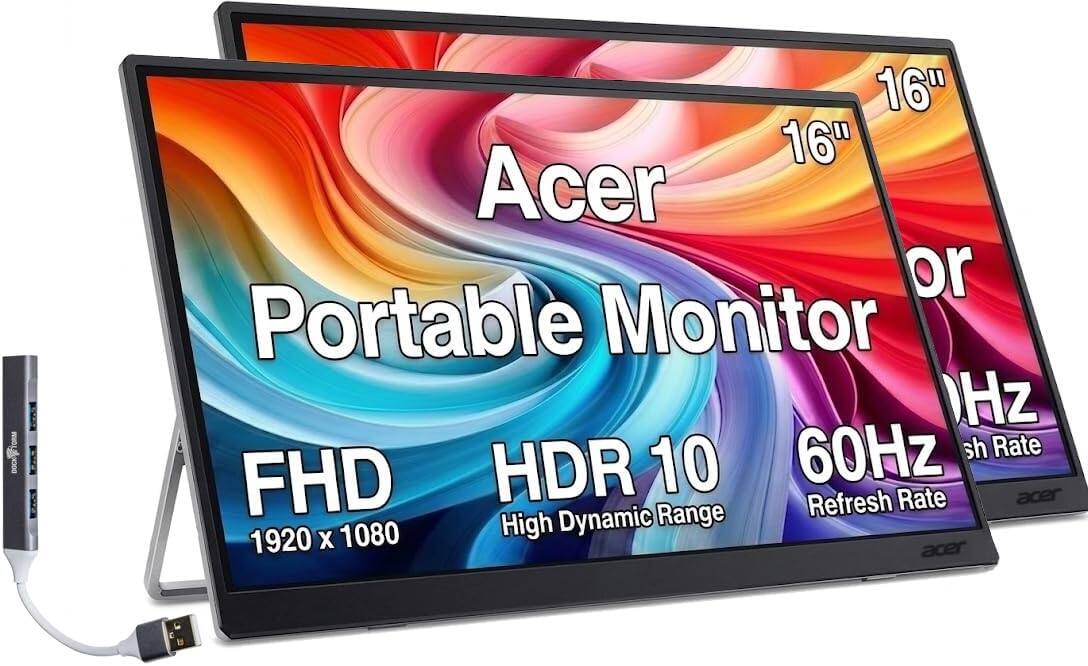 Acer Portable Monitor 16" or 16" FHD HDR 10 High Dynamic Range 1920 x 1080 60Hz Refresh Rate