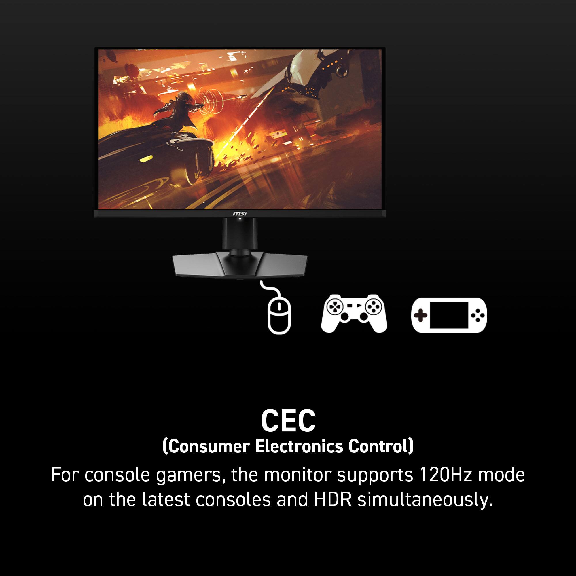 The text on the image reads: "For console gamers, the monitor supports 120Hz mode on the latest consoles and HDR simultaneously."