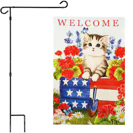 G128 - Garden Flag Stand 36 x 16 in with 12 x 18 in Double-Sided Blockout Flag, Patriotic Welcome Kitten - Multicolor