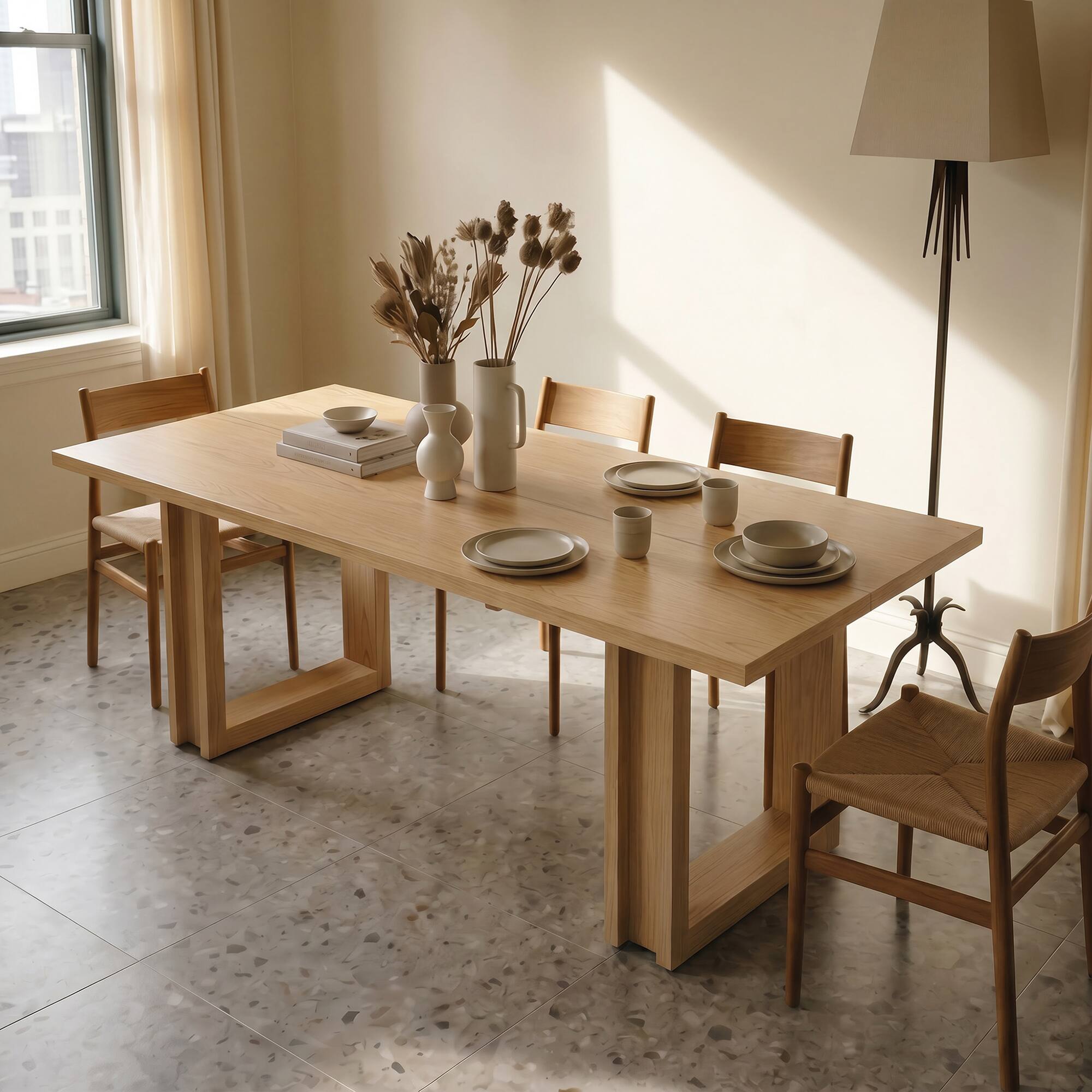 Angle. Homsee - Solid Wood Veneer Large Dining Table, Pine & Rubberwood Desk for 8 Seater, Modern Farmhouse Kitchen Table for Home - Wooden.