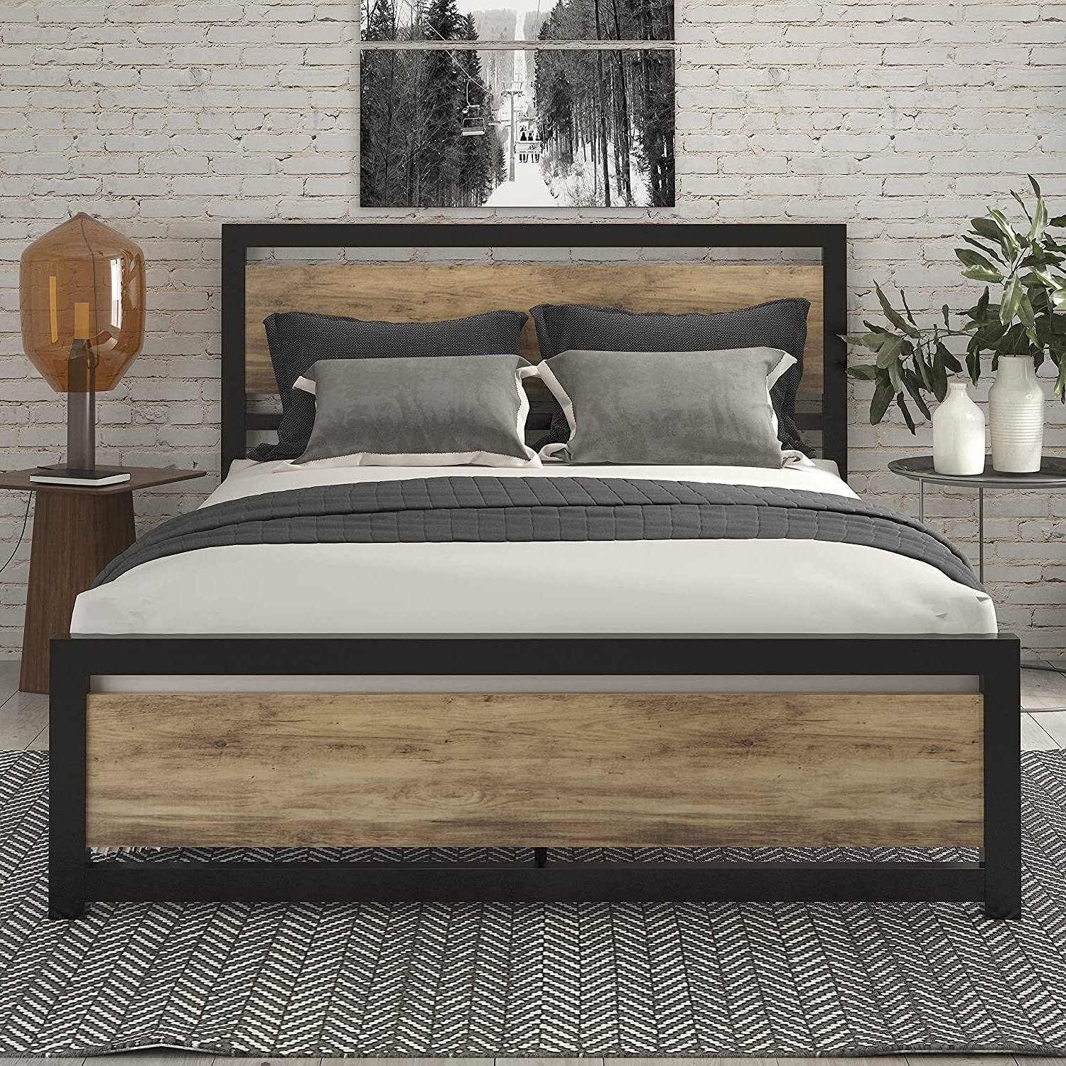 Angle. Hivvago - Hivvago Queen Metal Platform Bed Frame with Wood Panel Headboard and Footboard - Brown.