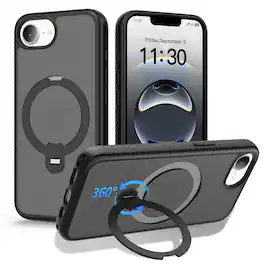 UUCOVER - For Apple iPhone 17e / 16e Magnetic Kickstand Case, MagSafe Compatible Ring Matte Anti-fingerprint Slim Shockproof Cover - Black