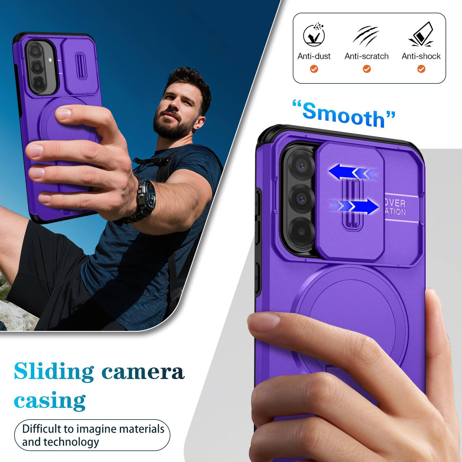 Anti-dust  
Anti-scratch  
Anti-shock  
"Smooth"  
Sliding camera casing  
Difficult to imagine materials and technology