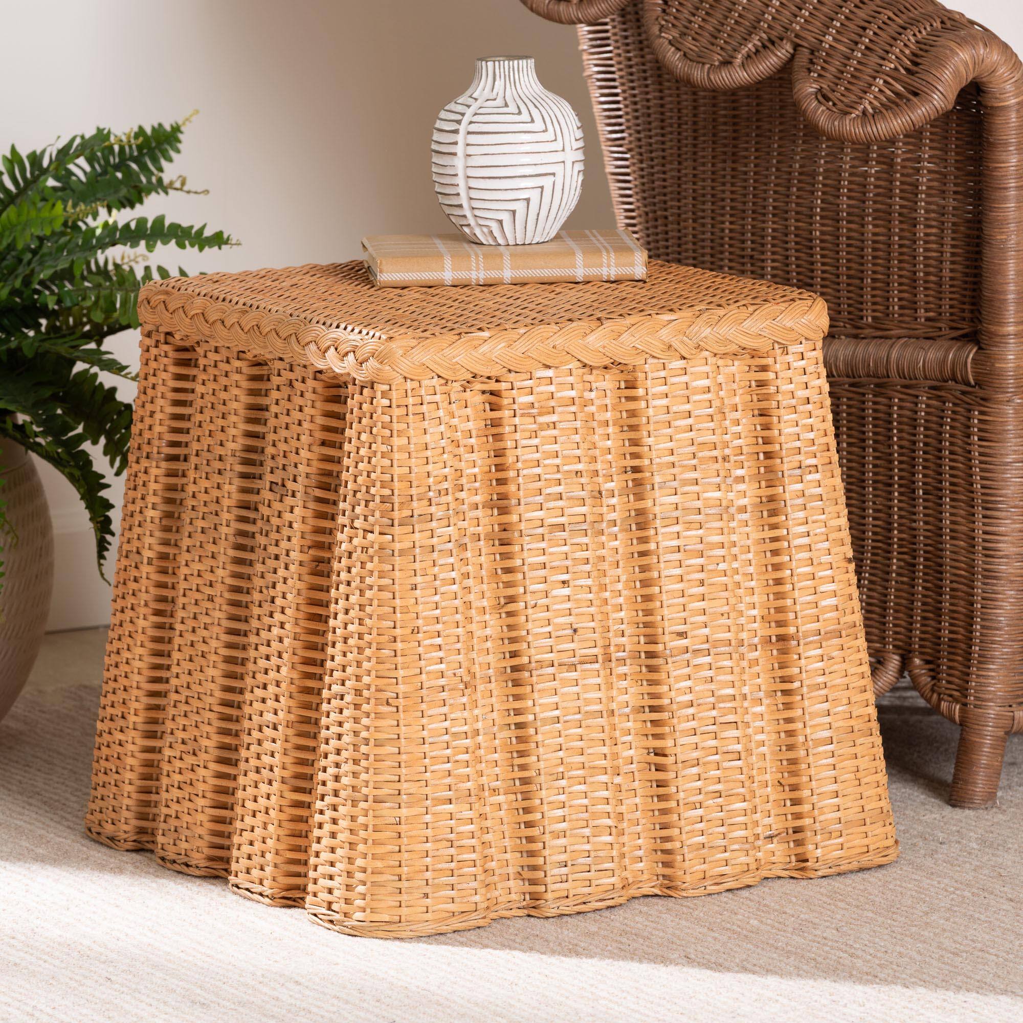 Alt View 2. bali & pari - Andrea Natural Rattan End Table - Handwoven Wicker Accent Table with Pleated Skirt, Boho Coastal Side Table - Light Honey.