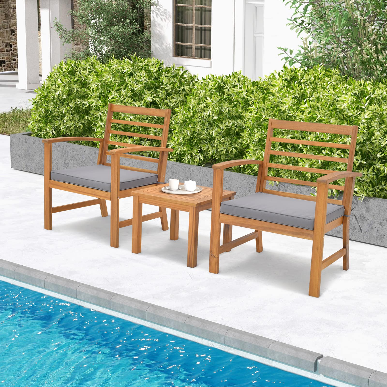 Gymax - 3PCS Furniture Set Acacia Wood Conversation Set w/ Soft Seat Cushions Outdoor Gray - Natural, Gray price history on PriceWatchPro
