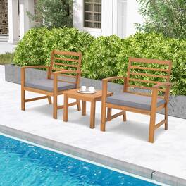 Gymax - 3PCS Furniture Set Acacia Wood Conversation Set w/ Soft Seat Cushions Outdoor Gray - Natural, Gray